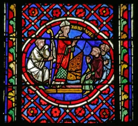 Window depicting Scene from the life of Saint Bonnet: Blanda coming to Saint Bonnet and giving thanks